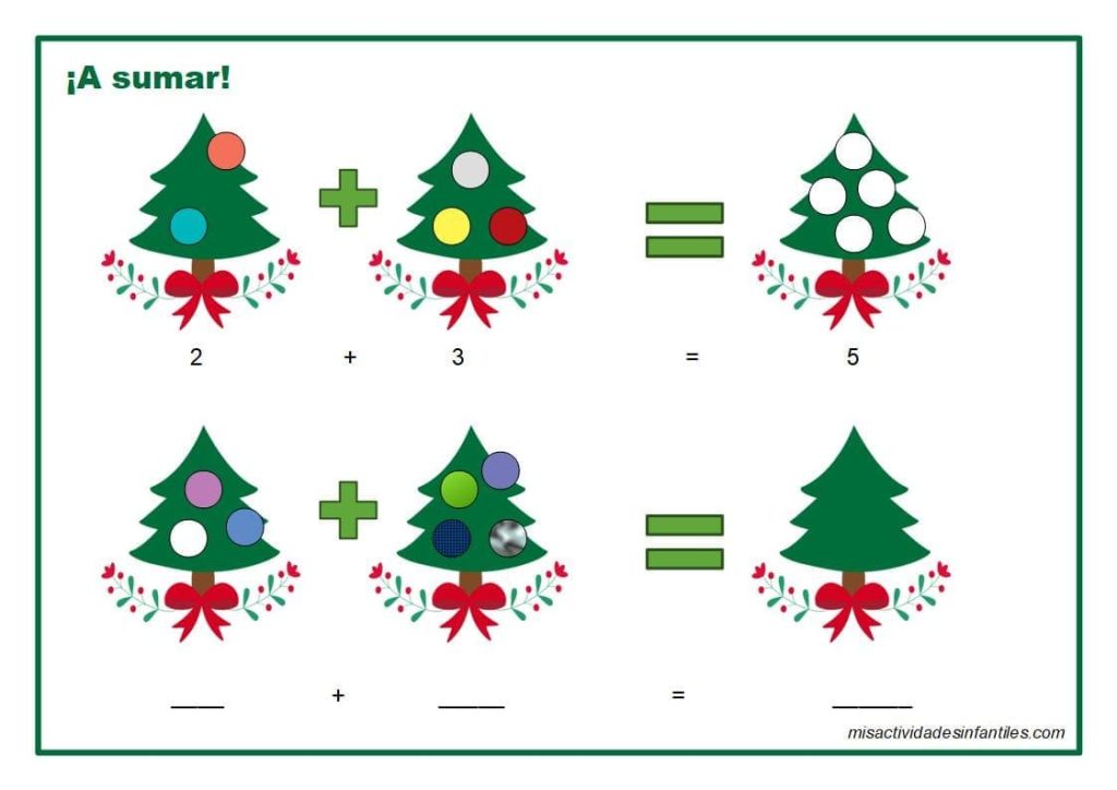 Fichas para aprender a sumar con arboles de navidad para descargar gratis para niños de 4 años
